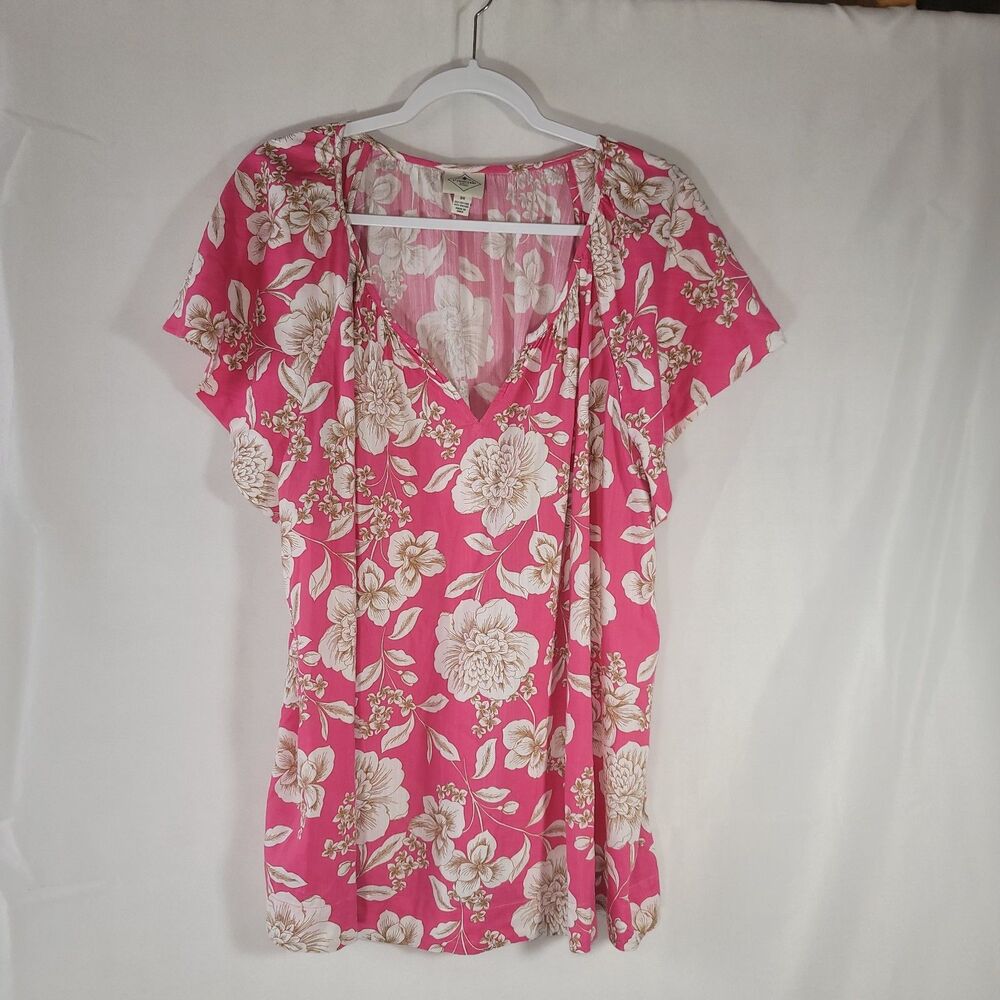 St. John's Bay Pink Floral V-Neck Short Sleeve Blouse Plus Size 2X Cotton Rayon